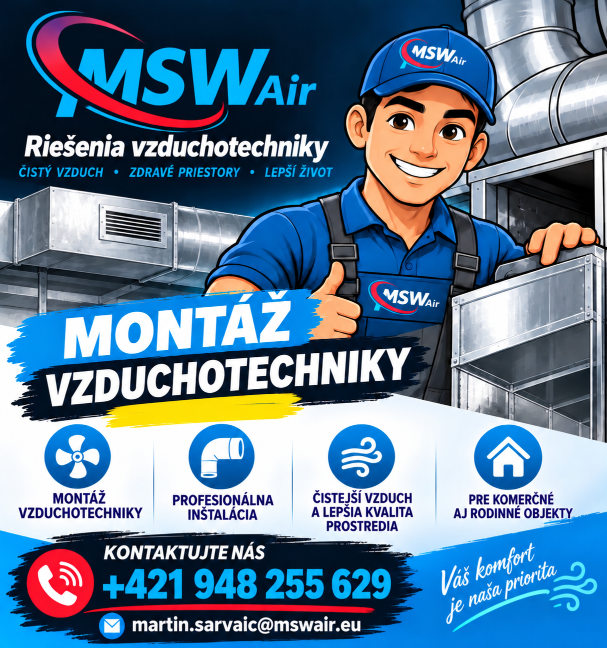Ilustrovaný plagát MSW Air s pracovníkom a vzduchotechnickým potrubím